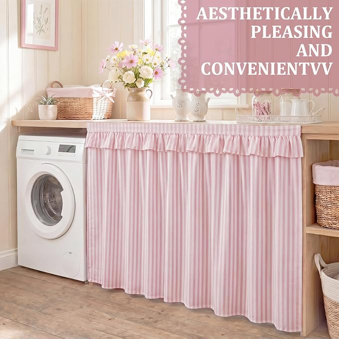 Pink Ruffle Gingham Sink Skirt Self-Adhesive Bathroom Stitch Self Stick Adhesive Fabric Under Sink Curtain Skirt 32 x 55 in for Bathroom Kitchen Laundry Utility Room Decor(Stripe)