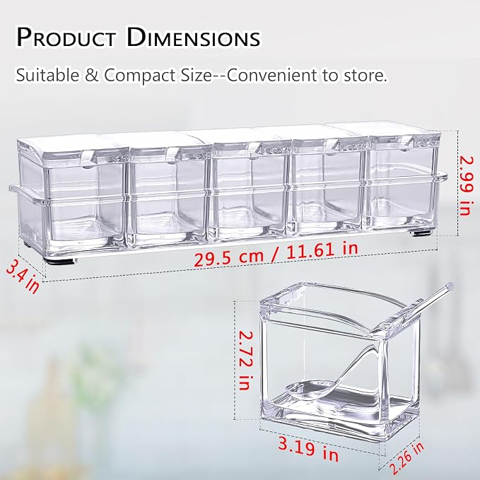 V·RESOURCING Clear Seasoning Box, 5 Pieces Clear Seasoning Storage Container for Spice Salt Sugar Cruet,Condiment Jars with Spoons