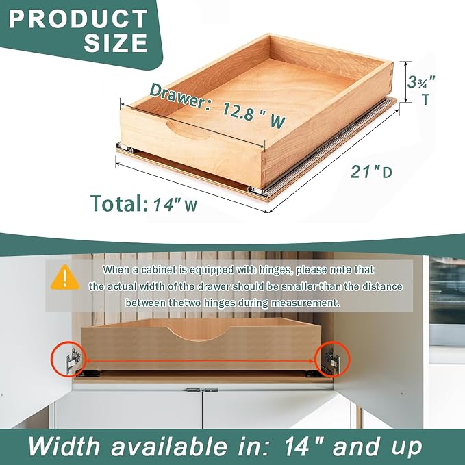 Pull Out Drawers for Kitchen Cabinets, Pull Out Cabinet Organizer, Fully Assembled Wood Cabinet Pull Out Drawer, Fast and Easy DIY Installation, 14”W x 21”D