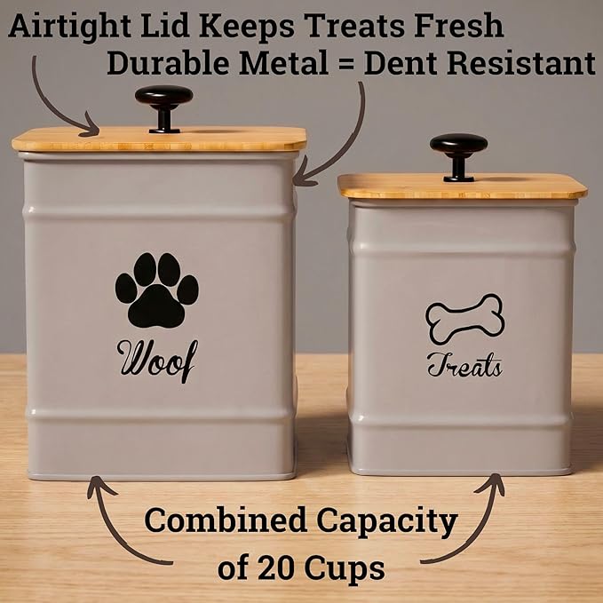 Dog Treat Container Airtight Set of 2 - 8x6 & 7x5 inch Iron Dog Treat Jars for Kitchen Counter with Airtight Bamboo Lids - 20 Cup Capacity Pet Treat Container Set - Doggie Cookie Jar - Treats Canister