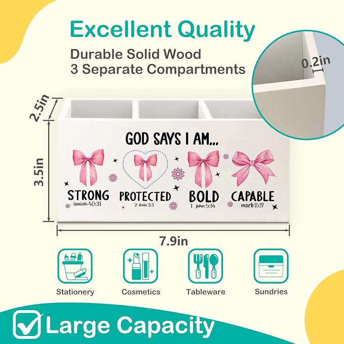 Christian God Says I Am Wooden Pen Pencil Holder for Desk Accessories, Christian Gifts for Women, Pink Coquette Bow Bible Verse Wood Makeup Brush Toothbrush Holder Organizer for Vanity Bathroom