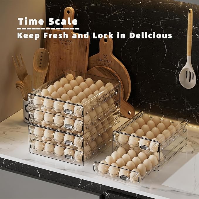 HIYOHIYO Clear 40 Slot Egg Holder for Fridge, 2 Layer, 9.8"x 8.5"x 5.5" | Time Scale Marking, Large Capacity, Stackable, Egg Container for Refrigerator or Countertop