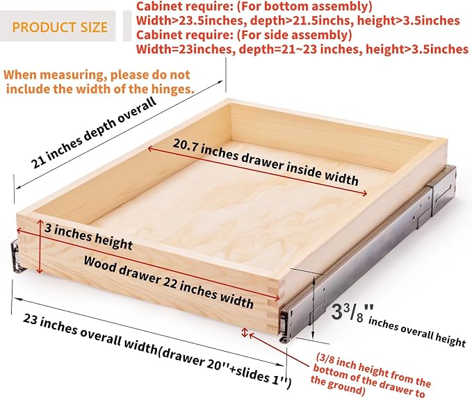 Mulush 23”W x 21”D x 3”H Soft Close Slide Out Wood Drawer Organizer for Kitchen, Bottom and Side Assembly (Cabinet Opening>23.5 inches for Bottom Assembly, Opening= 23 inches for Side Assembly)