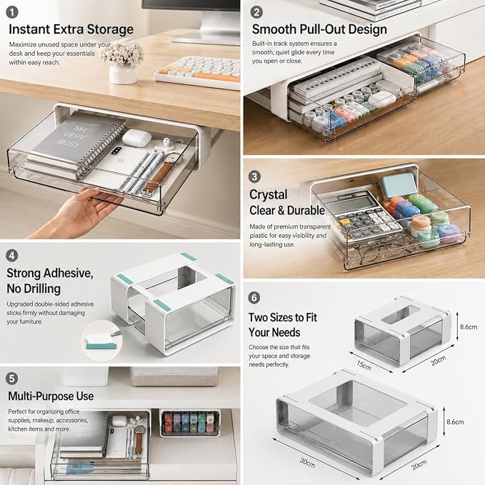 Hidden Under Desk Drawer Organizer, Space Saving Pull-Out Storage, Stick-On Invisible Drawer for Clean Desk Setup,XL