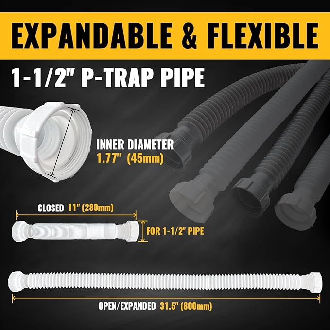 VIVIDA Flexible Sink Drain Pipe, 1-1/2" Expandable Flexible P Trap Drain Pipe, 11"-31.5" Sink P Trap for Bathroom & Kitchen, 1-1/4" Adapter Included, White, 1 PACK
