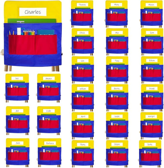25 PCS Chair Pockets for Classroom Chairs, 15"W x 19"H Seat Sacks with 5 Pockets, Durable 600D Oxford Student Chair Bag Organizer with Name Tag Slot for K-5 Kindergarten School, Colorful
