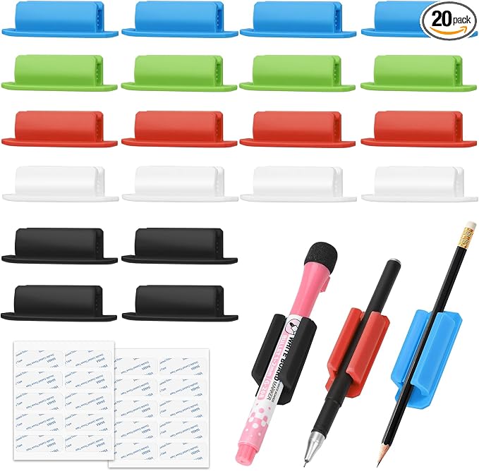 BOBOKA 20Pcs Pencil Holder for Desk, Adhesive Pen Holder for Classroom Clipboard Attachment, Silicone Pencil Holder & Marker Holder for School Office Desk Accessories, Teacher Supplies