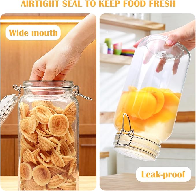 Flrolove 78oz Glass Storage Jars with Airtight Lids Set of 3, Pantry Storage Containers with Lids, Square Large Airtight Glass Jars, Perfect for Kitchen Canning Cereal, Pasta, Flour, Coffee Beans