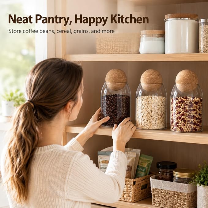 RHBLME 3 Pack Glass Storage Containers with Ball Cork, 17 Oz/500ML Glass Jar with Cork Lid, Round Cork Glass Bottle, Small Candy Jar with Wood Ball Lid for Food, Coffee, Sugar, Spice, Tea, etc