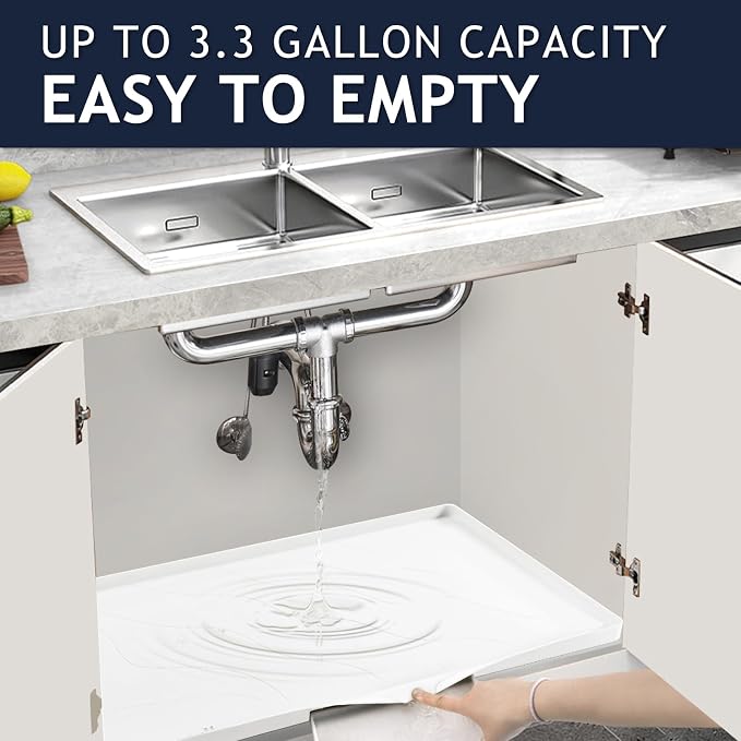Heavy Duty Silicone Under Sink Mats for Kitchen Waterproof 19" x 19", Extra Thick Under Sink Rubber Mat Drip Tray, Raised Edge Under Sink Liner,Prevent Drips, Leaks, Spills,White