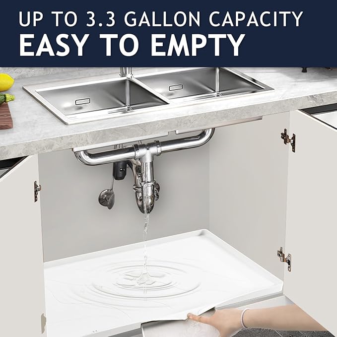 Heavy Duty Silicone Under Sink Mats for Kitchen Waterproof 31" x 22", Extra Thick Under Sink Rubber Mat Drip Tray, Raised Edge Under Sink Liner,Prevent Drips, Leaks, Spills,White