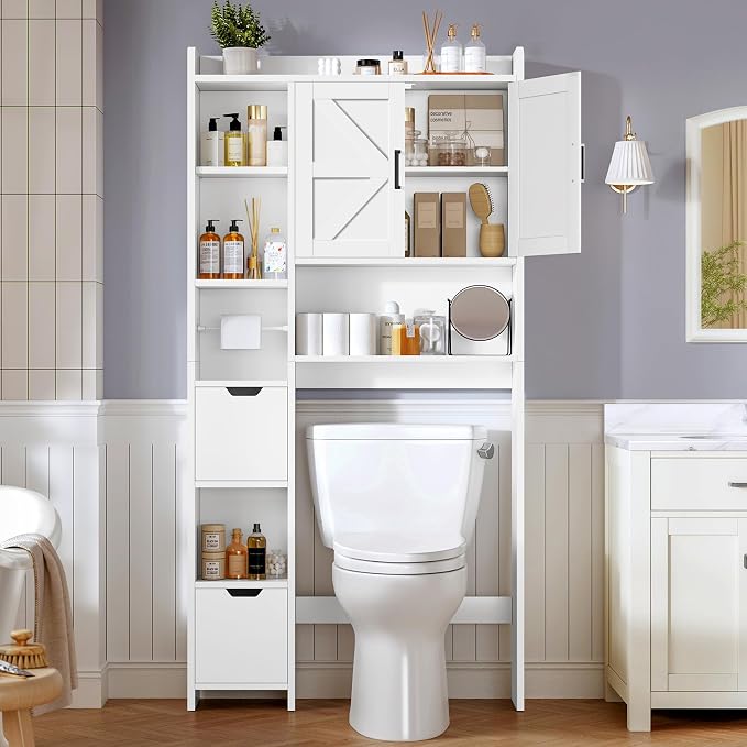 TEENFON Over the Toilet Storage Cabinet with 2 Removable Drawers, Above Toilet Storage Cabinet with 10 Storage Shelves, Taller Wooden Free Standing Bathroom Storage, Laundry Room Storage Shelf, White