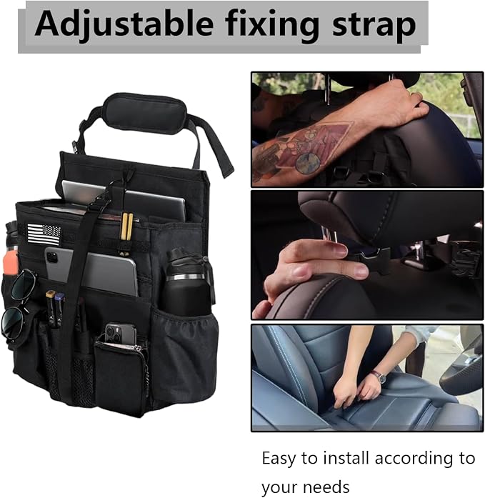 2 Pack Front & Seat back organizer with dedicated tablet and 17 IN laptop storage stabilizers external stabilizing side straps soft adjustable shoulder straps hardened buckle (Large Black)