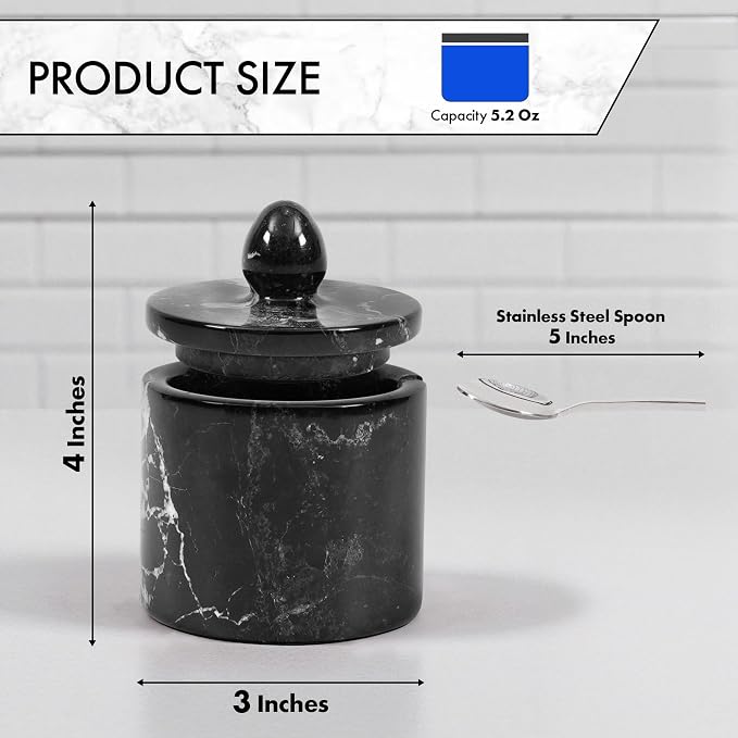 Marble Salt Cellar with Lid – Black 4 Inch Table Salt Container, Salt Jar, Salt Dish, Salt Holder, Spice Jar, Sugar Bowl, Seasoning Container, Salt Dispenser for Kitchen Countertop