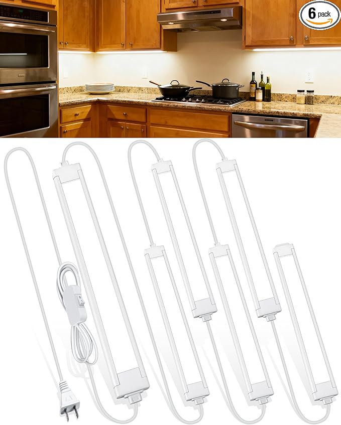6 Pcs 14inch Plug in Under Cabinet Lighting for Kitchen, 6500k Bright White Linkable LED Under Counter Wired Lights for Shelf/Bookshelf/Workbench/Over Sink