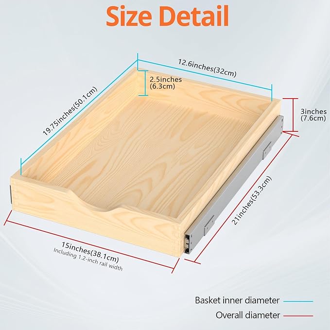 ZOINLIY 15''W X 21''D X 3''H Wooden Pull Out Drawer for Cabinet, Cabinet Organizer for Kitchen, Soft Close Slide Out Shelves, Heavy Duty, Full-Extension