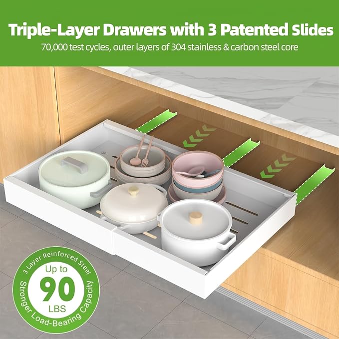 ANTOWIN 1Pack Expandable Pull Out Cabinet Organizer 16.5"Deep (12.2"-20.5" Width), Slide Out Drawers for Kitchen Cabinets, Roll Out Shelves Adhesive with 3-Layer Steel, for Cabinets Without Lip, White