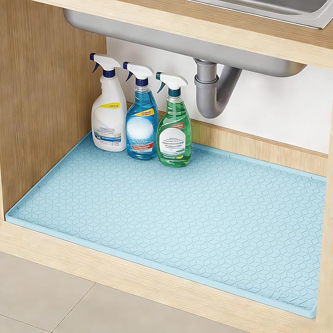 TRZZ Silicone Waterproof Under Sink Mat 28" x 22", Drip Tray and Cabinet Liner for Kitchen and Bathroom, Prevents Water Damage and Organizes Cabinets (Light Blue)