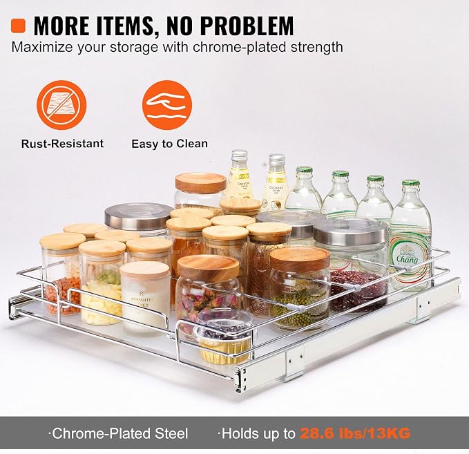 VEVOR 17" Wx21 Dx2.5 H Pull Out Cabinet Organizer, Heavy Duty Slide Out Pantry Shelves, Steel Roll Out Drawers, Sliding Drawer Storage for Home Under Sink, 19.5" Wx22 Dx7 H Install Size for Cabinet