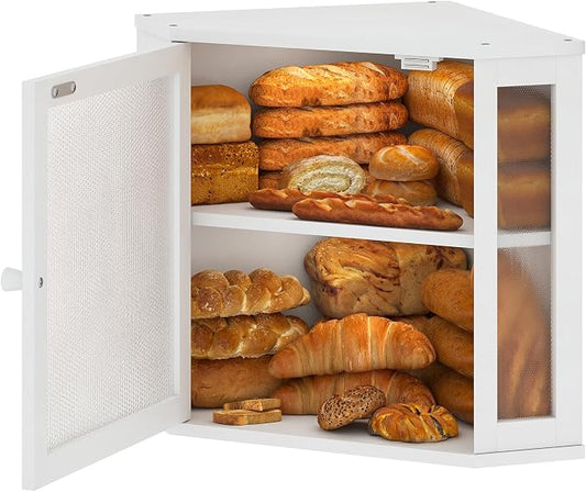 Corner Bread Box for Kitchen Countertop,Bread Storage for Homemade Bread, Double Layer Large Bamboo Kitchen Storage Bin with Window (White, Medium)