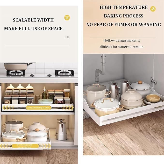 Pull out Cabinet Organizer,Under Sink Organizer, Home Office Organization Hidden Storage Pantry Shelf,No Need Drill and Nailing,for Kitchen Cupboard Cabinet.(White)