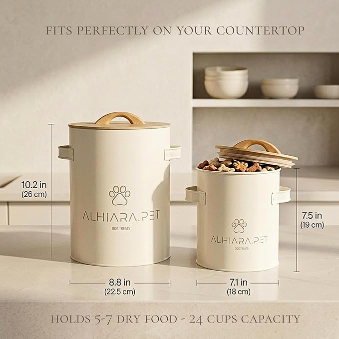 Modern Bamboo Dog Treat Container for Kitchen Countertop – Stylish Pet Food Storage with Scoop, 5–7 lbs Capacity, 2-Piece Set for Dry Food, Biscuits & Kibble