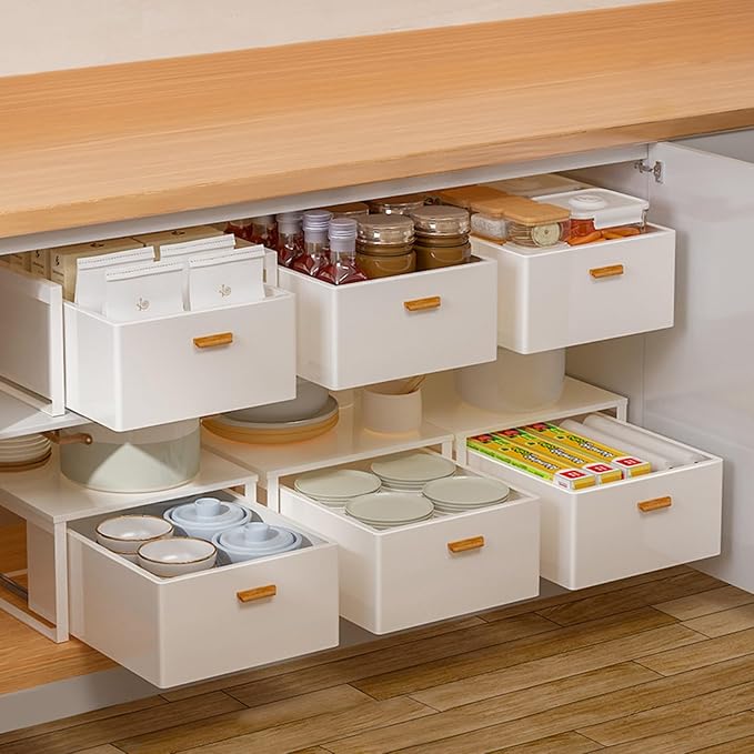 Pull Out Drawers for Cabinets Expandable Drawer Slide Out Cabinet Organizer Kitchen Extendable Drawers Storage Shelves for Kitchen Cabinets Extendable Pull Out Drawer