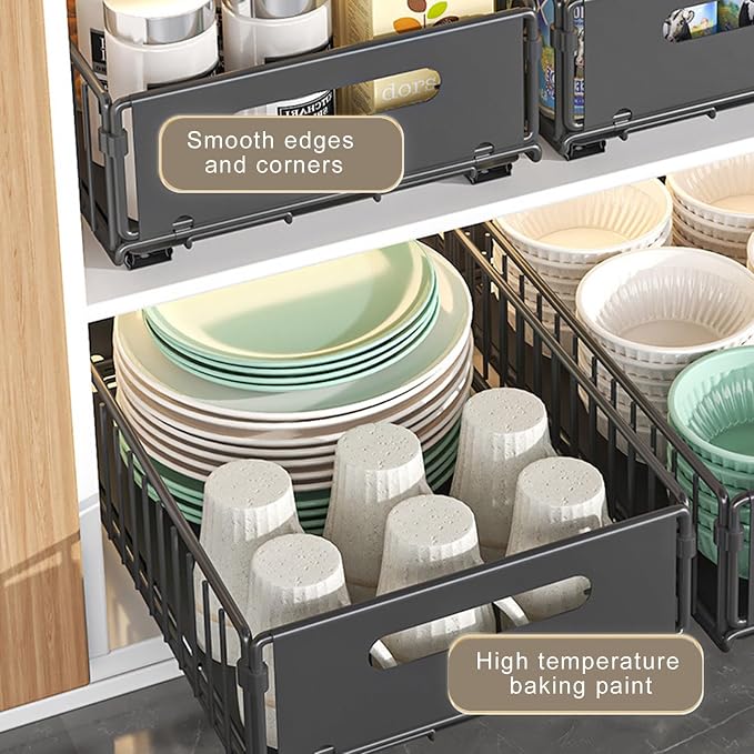Pull-out Cabinet Organizer Storage Basket Large Capacity Strong Load-Bearing Easy Installation No Drill Slide-Out Drawers Storage Racks (2pc Large)