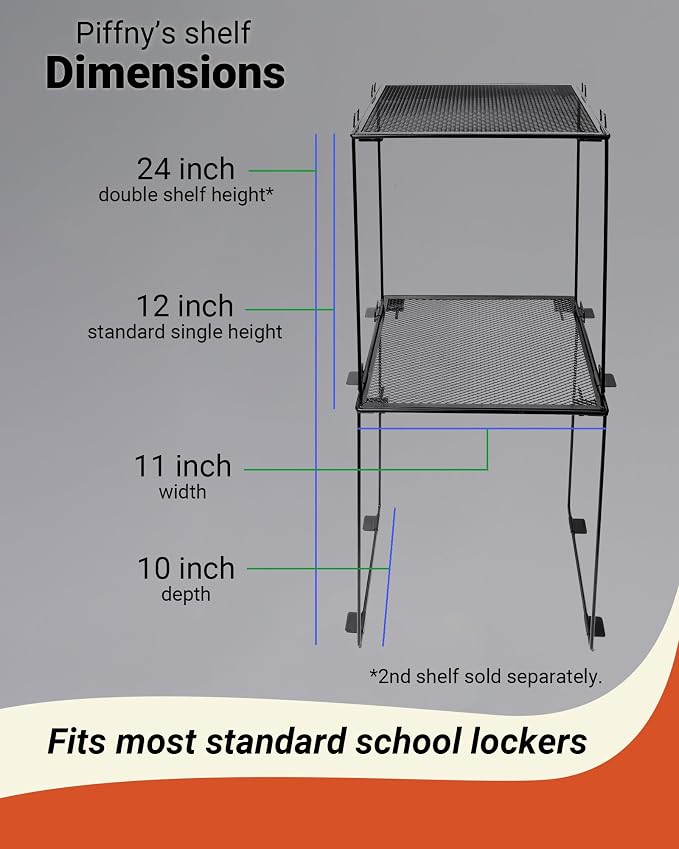 Piffny Locker Organizer Shelf, Stackable, Extra Tall, Fits Standard Size School Lockers (Black 2 Pack)
