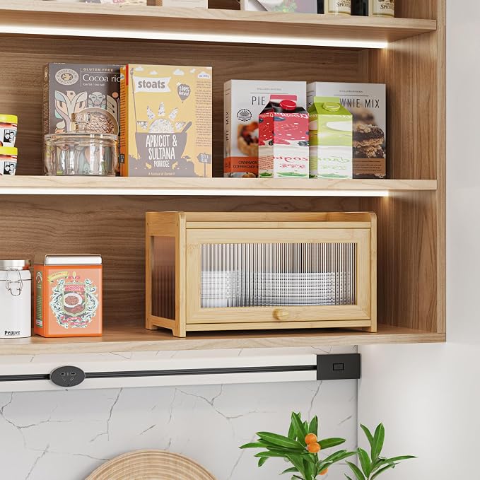 BAMBANG Bamboo Bread Box for Kitchen Countertop, Extra Large Farmhouse Bread Box with 4-Side Clear Panels, Wooden Bread Storage Container for Homemade Bread, Natural