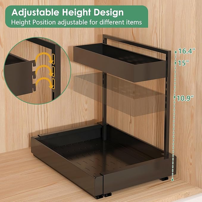 REALINN L-Shaped Under Sink Organizer with 6-Level Height Adjustment & Expandable Width, Pull-Out Cabinet Storage Rack with Quiet Sliding Rails for Kitchen, Bathroom, Laundry Room Cabinets, Black
