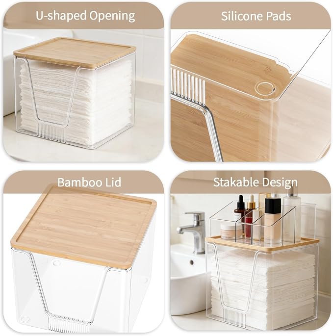 2 in 1 Disposable Facial Towel Holder and Cosmetic Organizer, Clear Storage with Bamboo Lid Compatible with Clean Skin Club Towel XL, Stackable Vanity Organizer for Bathroom Vanity Counter (1 Pack)