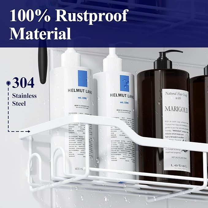 Kitsure Shower Caddy Large - Adhesive Shower Organizer, Stainless Steel Shelf for Inside Shower, No Drill Bathroom Organizers and Storage, Home Decor Accessories, 2 Pack, White