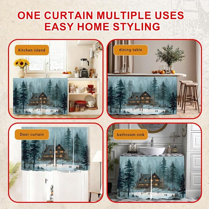 Self Adhesive Cabinet Curtain for Mother's Day, 39x28 Inch Vintage Cabin Under Sink Skirt No Drill, Spring Cleaning Kitchen Decor, Hook and Loop Laundry Valance, Forest Lake Fabric Panel