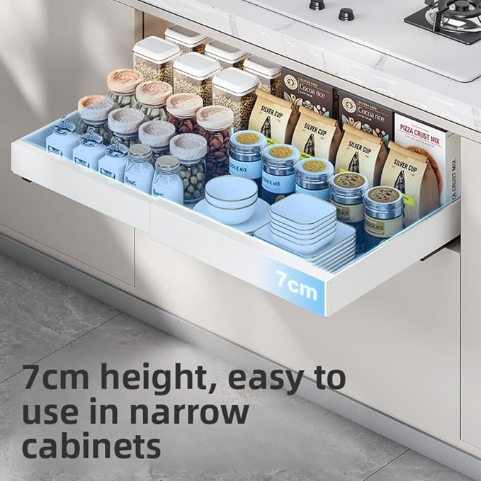 2PCS Expandable Pull Out Cabinet Organizer pots and pans organizer under cabinet Upgrade 3 Slide Rails Slide Out Drawers Roll Out Shelves Adhesive,Adjustable Width