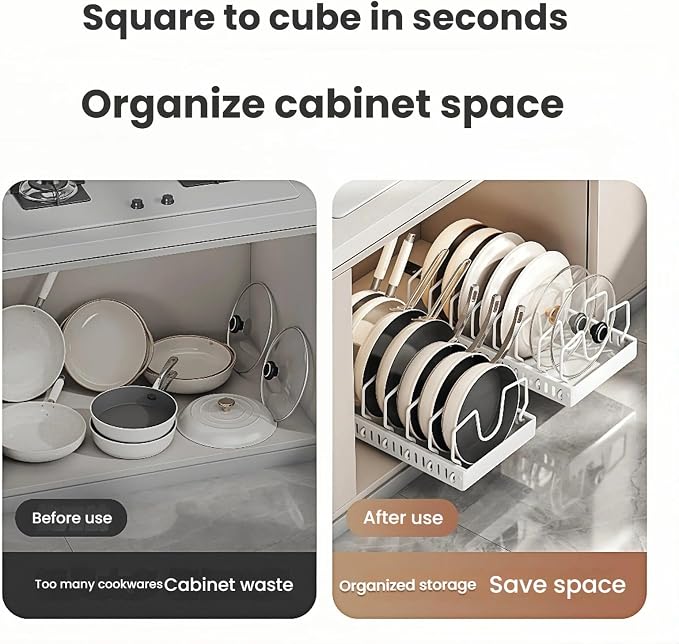 Pull out drawers Pots and Pans Organizer With M-Shaped Vertical Slots Under Cabinet，Slide Out inside Cabinet Storage for Pot Lid Holder And Spoon Rest,Dishes,7 Adjustable Dividers(White,"M"Style)