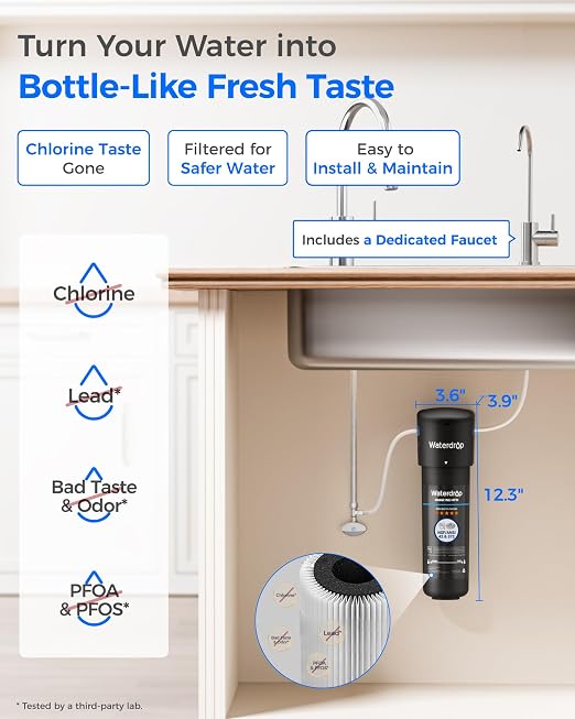 Waterdrop 10UB Under Sink Water Filter System with Faucet, Reduces PFAS, PFOA/PFOS, Lead, Chlorine, Bad Taste & Odor, NSF/ANSI 42 Certified, Under Sink Water Filter with Faucet, 1 Year