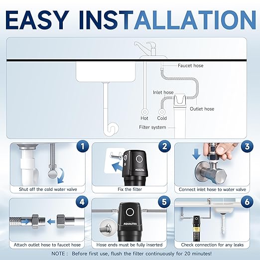 AQUALTRA USF02-BK Under Sink Water Filter System, 20K Gal, NSF/ANSI/CAN 372 Certified, Reduces PFOA, PFOS, Chlorine, Lead, Mercury, Chloramine, Fluoride, Microplastics Particles, Bad Taste & Odor
