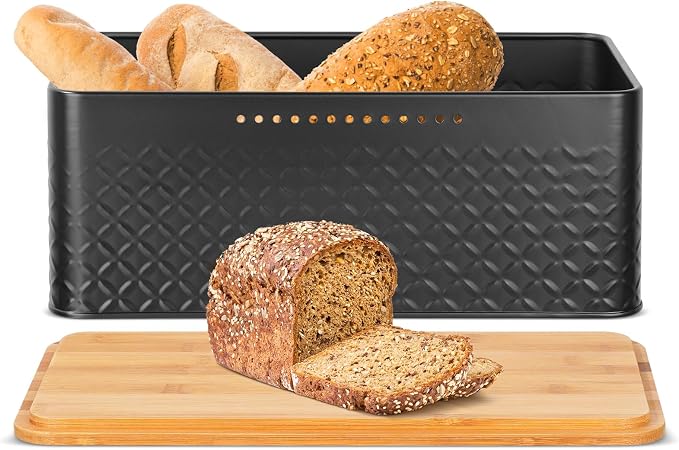 Hossejoy Metal Bread Box with Bamboo Cutting Board Lid, Bread Storage Container for Kitchen Countertop, Modern Bread Bin Holder Breadbox, Kitchen Decor Organizer (Black)