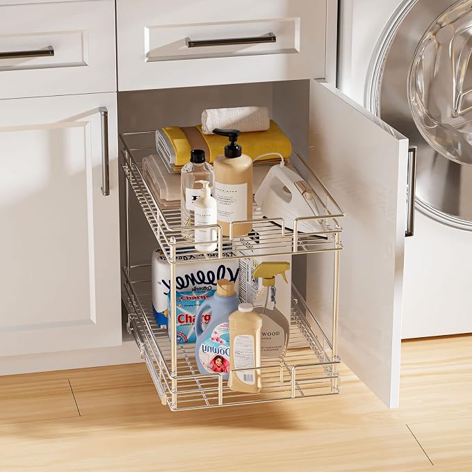 LOVMOR 2-Tier Cabinet Organizer, 20" W x 21" D Pull Out Drawer for Base Cabinet, Chrome Home Organizer, Silver