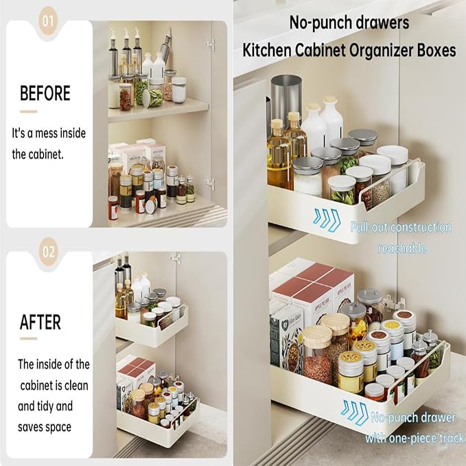 Pull Out Drawers for Cabinets Kitchen Organizer Expandable Drawer Pull Out Cabinet Organizer Pull Out Drawer for Adhesive Kitchen Cabinet Organizer No Drilling and Nailing Required