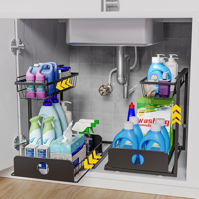 2 Pack Under Sink Organizers, Height Adjustable Under Sink Organizers And Storage, 2 Tier Pull Out Drawer Sturdy Metal Cabinet Organizer For Kitchen Bathroom Pantry