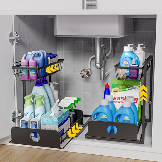 2 Pack Under Sink Organizers, Height Adjustable Under Sink Organizers And Storage, 2 Tier Pull Out Drawer Sturdy Metal Cabinet Organizer For Kitchen Bathroom Pantry