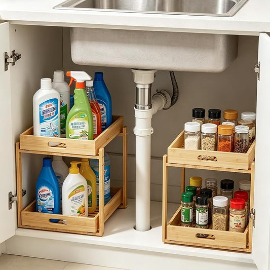 Under Sink Organizer and Storage - 2-Tier Bamboo Kitchen Cabinet Shelf with Adjustable Levels, Undersink Organization Slide Out for Bathroom Cabinet Pantry(Natural, 2 Packs)