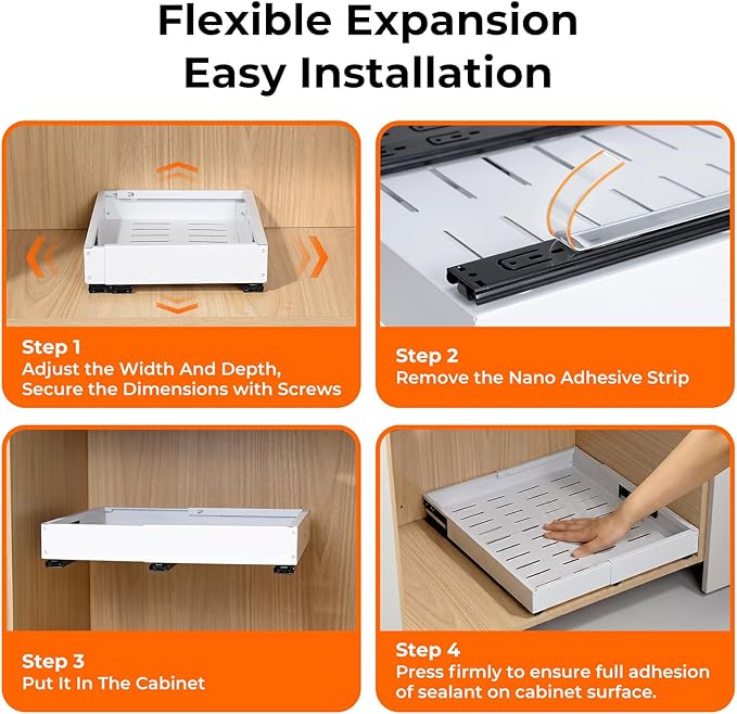 UFORU Pull Out Cabinet Organizer,4-Side Expandable Slide Out Drawer with 3 Rails, Adjustable Width 11.4"-18.9" & Depth 16.3"-21.7", No Drill Adhesive or Nail Fixed Roll Out Shelves for Kitchen, Pantry
