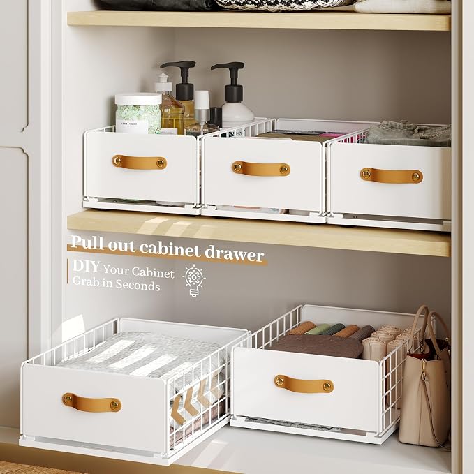 Pull Out Cabinet Organizer, No-Drill Pantry Drawers, Slide Out Shelves with Bamboo Risers for Lipped Cabinets,Ideal for Kitchen, Bathroom & Under Sink Storage (White, 11.8" Wide-15.7" Deep)