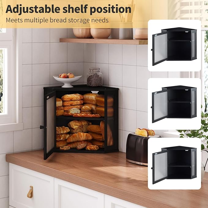 Corner Bread Box for Kitchen Countertop,Bread Storage for Homemade Bread, Double Layer Large Bamboo Kitchen Storage Bin with Window (Black, Medium)