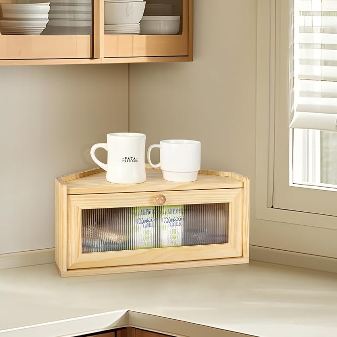 Sunhoo Bread Box for Kitchen Countertop Wooden Corner Breadbox Counter Food Storage Bin Container Farmhouse Rustic Homemade Bread Fresh Keeper Organizer Holder Vintage Stackable with Window (Yellow)