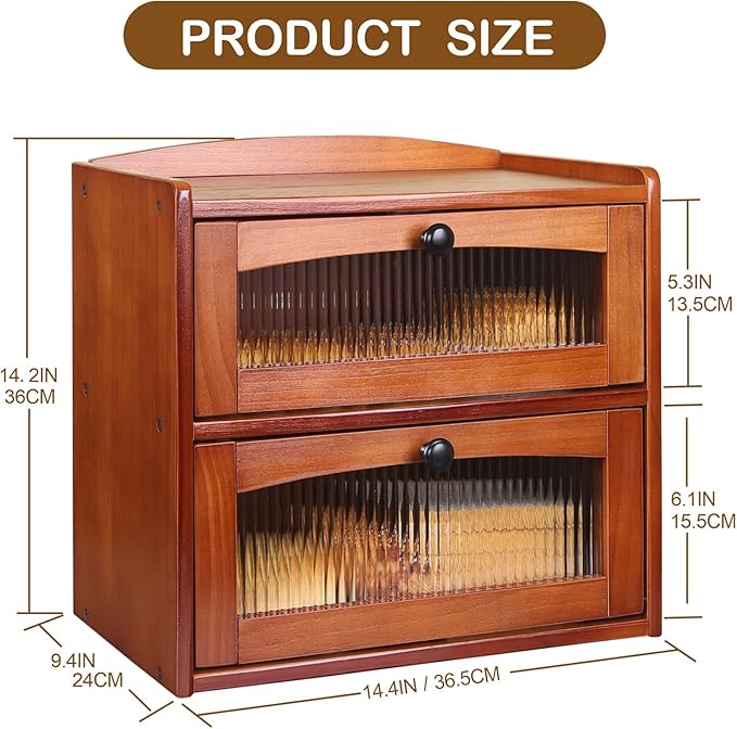 Bread box for Kitchen Countertop Double Layer Large, Solid Wooden Farmhouse Bread Storage Container with Acrylic Window, Bread Holder Organizer Bin for Homemade Bread and Pantry(Teak)