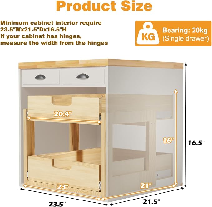 Pull Out Cabinet Organizer, 23''W×21''D Sliding Drawers for Cabinets, 2 Tier Soft Close Slide Out Wooden Pull out Drawers, Base Cabinet Organization for Kitchen, Pantry, Bathroom